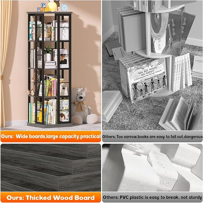 Aheaplus Rotating Bookshelf, 4-Tier Corner Bookshelf, 360 Display Wood Spinning Bookshelf, Floor Standing Bookcase Narrow Shelf Revolving Organizer Storage Rack for Small Space, Grey Oak