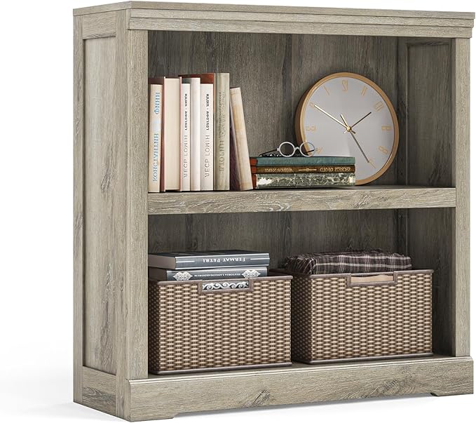LINSY HOME 2-Tier Bookcase and Bookshelf, Small Wood Display Storage Shelves Farmhouse Bookshelf for Home Office, Living Room, Bed Room - Light Brown