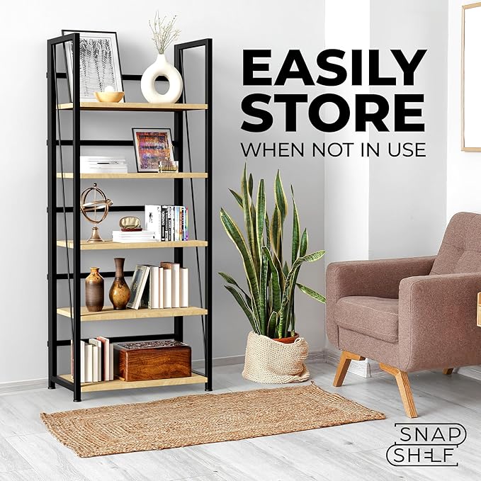 5 Tier Wood Book Shelf Organizer, No Assembly Bookshelf for Bedroom Living Room Office, Rustic Foldable Book Case, Tall Bookshelves, Open Book Shelves, Decorative Folding Shelf Display, Tall Bookcase