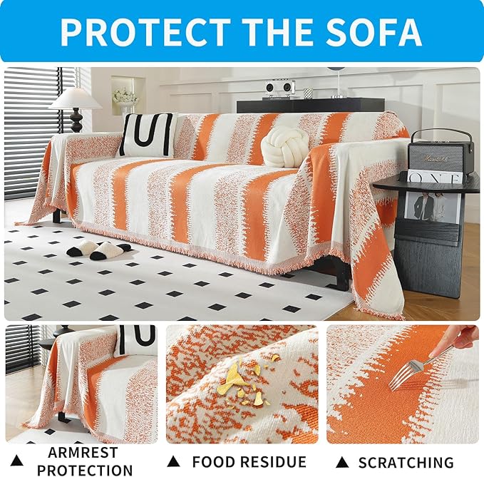 LUFEIJIASHI Boho Couch Covers for Sofa Non Slip Sofa Covers Washable Couch Covers for 3 Cushion Couch Sofa Pet Friendly Sectional Couch Cover Blanket Furniture Protector for Dogs (Orange, 71"x150")