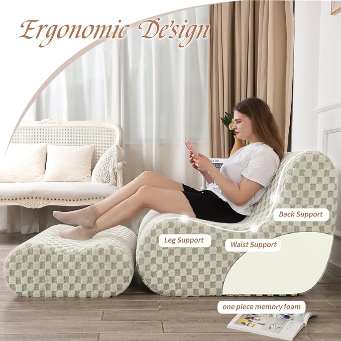 Accent Bean Bag Chair with Footstool, Modern Lazy Sofa Chair with Comfy Jacquard Shaggy Plush, Green