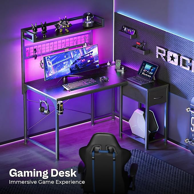 PRAISUN L Shaped Gaming Desk with Shelves, Corner Computer Table with LED Lights, Power Outlets and USB-C Ports, 42 Inch Reversible Home Office Desk with Storage Drawer, for Work and Study, Black
