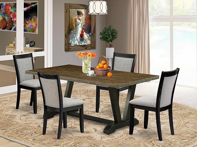 East West Furniture V677MZ606-5 5 Piece Kitchen Table & Chairs Set Includes a Rectangle Dining Room Table with V-Legs and 4 Shitake Linen Fabric Upholstered Chairs, 40x72 Inch, Multi-Color