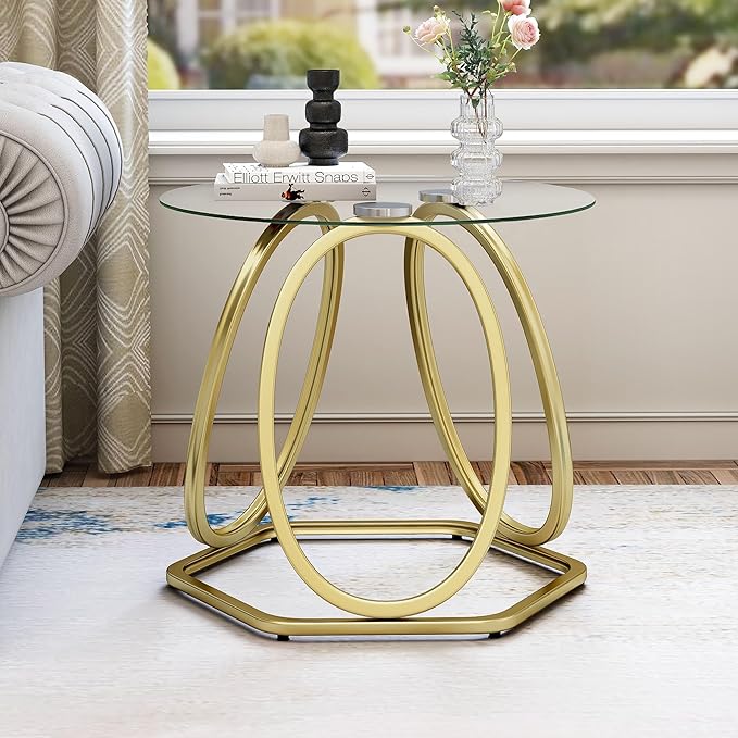 O&K FURNITURE Gold Modern Round Glass End Table with Hexagonal Base for Home & Office, 1 PC