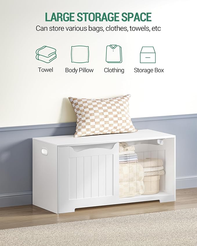 39.4" Storage Chest, Storage Bench Trunk with 2 Safety Hinges, Wooden Box, Lift-Top Chest Organizer, Shoe Bench for Entryway, Bedroom, Living Room, White 01003XSB