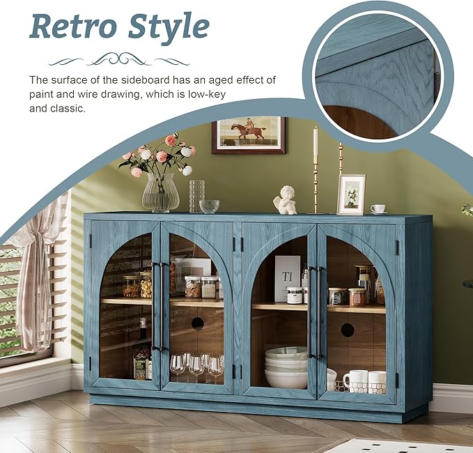 Merax Retro Buffet Sideboard, Wood Storage Cabinet with Shelves, 4 Doors for Living Room Kitchen Dining Room Navy
