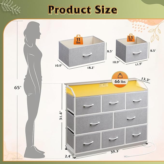 WLIVE Dresser TV Stand with Power Outlets, Led Dresser for Bedroom, Fabric Chest of Drawers with Open Shelves, Wood Top, Steel Frame, 6 Drawer Dressers for Closet, Living Room, Light Grey