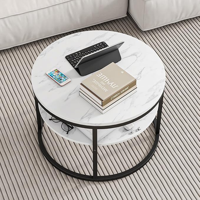 Round Coffee Table with Storage, Lift Top Coffee Table with Hidden Compartment, Farmhouse Juxing Design for Living Room, 2-Tier Small Round Dining Center, White
