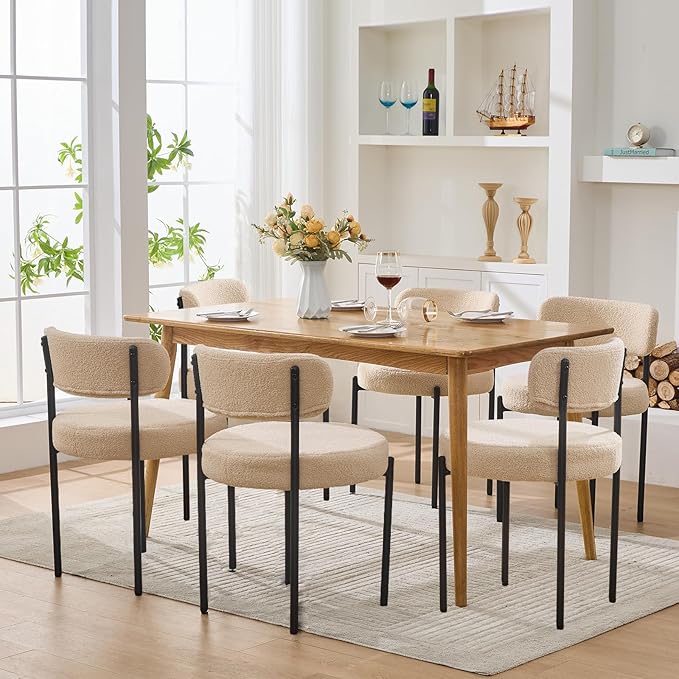 Dining Chairs Set of 6, Beige Boucle Dining Chair, Curved Backrest Upholstered Dining Room Chairs with Black Metal Legs, Mid Century Modern Dining Chairs for Kitchen, Living Room, Beige