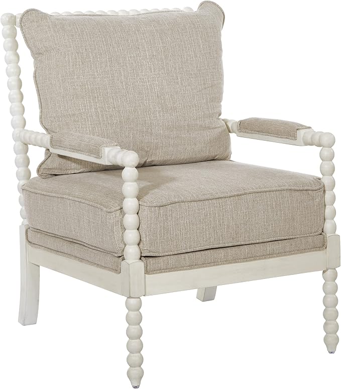 OSP Home Furnishings Kaylee Spindle Accent Chair with Antique White Wood Frame, Beige Linen Fabric