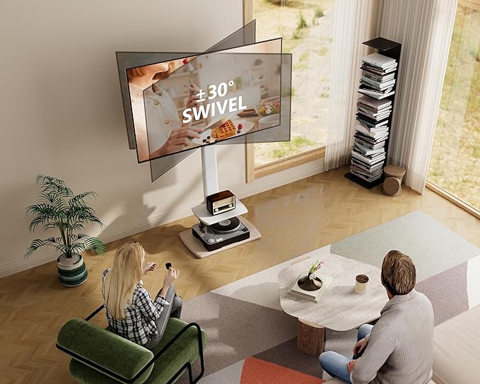 FITUEYES Floor TV Stand Tall for Living Room, Bedroom, Corner TV Stands for TVs up to 70 Inch Swivel TV Mount Stand with Height Adjustable Shelf Upgrade Sturdy Wood Base White