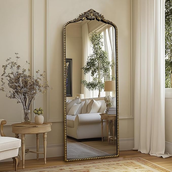 G-LEAF Vintage Baroque Full Length Floor Mirror 22"X65", Victorian Antique Mirror with Black Brush Gold Ornate Metal Frame for Fireplace Entryway Living Room Hallway Bathroom