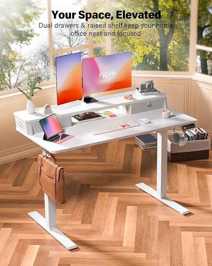 48x24 Inch Standing Desk with Double Drawers, C-Clamp Mount Compatible, Electric Adjustable Height Computer Stand Up Desks, Home Office Sit Stand Table with 3 Preset Heights & 2 Hooks, White