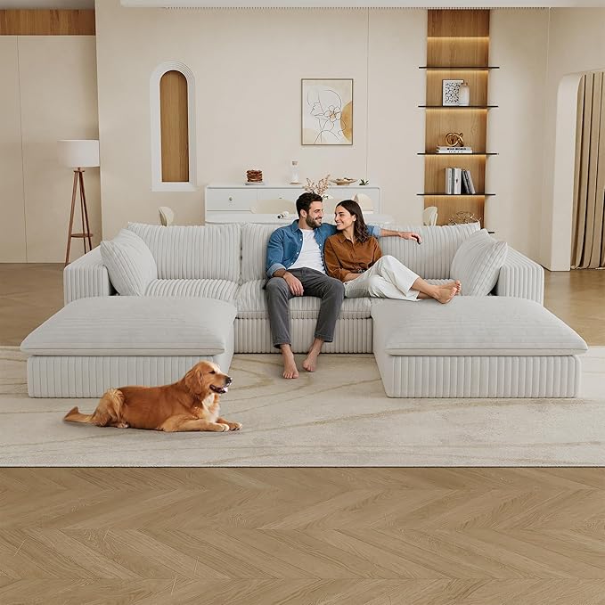 Down Filled Boneless Sectional Sofa Cloud Couch with Movable Ottomans, 118 inch Convertible U Shaped Lounge Couch w/Deep Seat, Fluffy Corduroy Upholstered Compress Modular Sofa