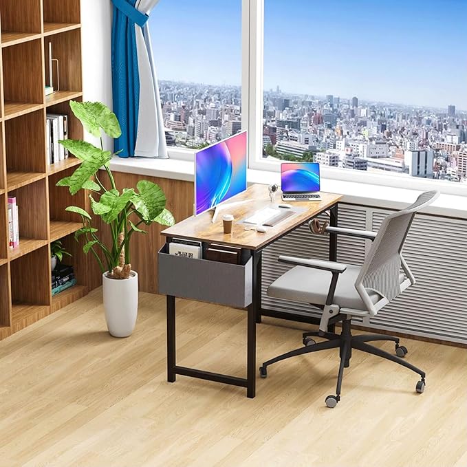 40 Inch Desk Office with Storage, Modern Simple Style Gaming Computer Table for Youth Student Adult, Metal and Wood Home Office Furniture, Rustic Brown