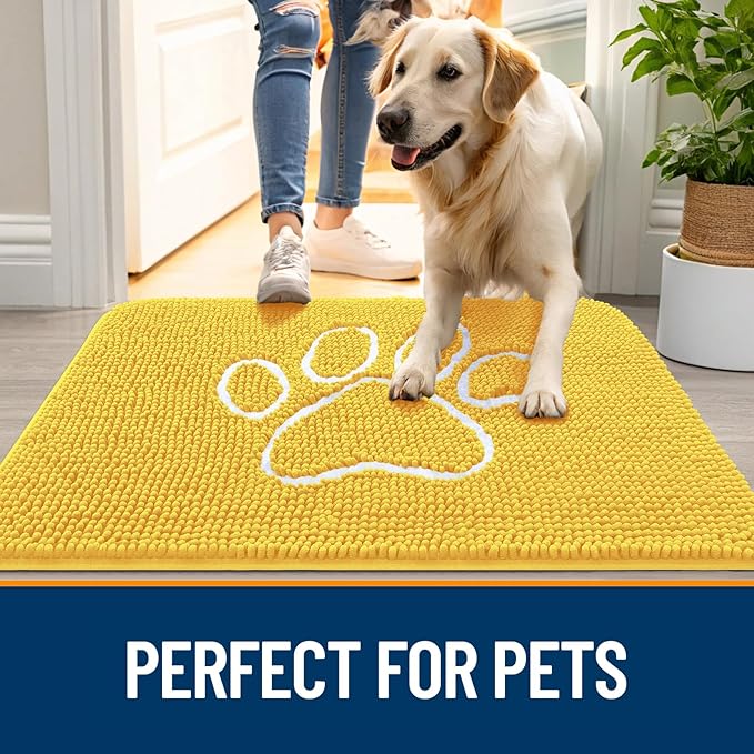 OLANLY Door Mat for Muddy Dog Paws 36x24, Ultra Absorbent Chenille Mud Doormat with Paw Print Design, Non-Slip Washable Doormat for Indoor Entryway, Quick-Dry Pet Bed Mats for Dirty Dogs, Yellow