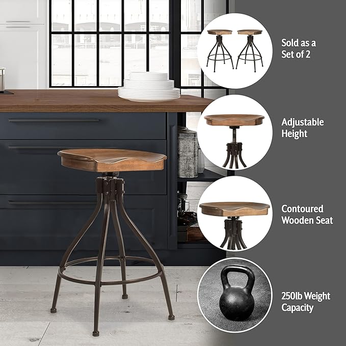 Hillsdale Worland Backless Metal Adjustable Height Stool with Wood Saddle Seat, Set of 2, Brown