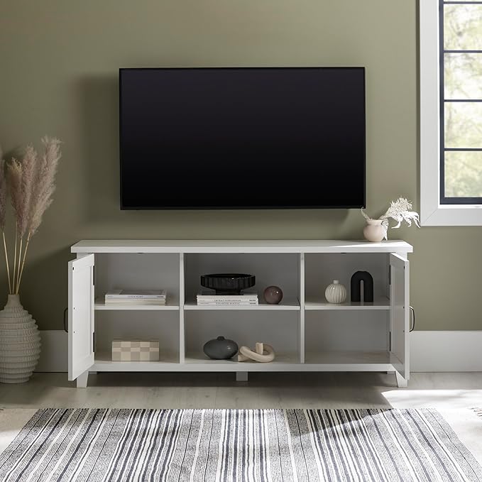 Walker Edison Buren Classic Grooved Door TV Stand for TVs up to 65 Inches, 58 Inch, Solid White