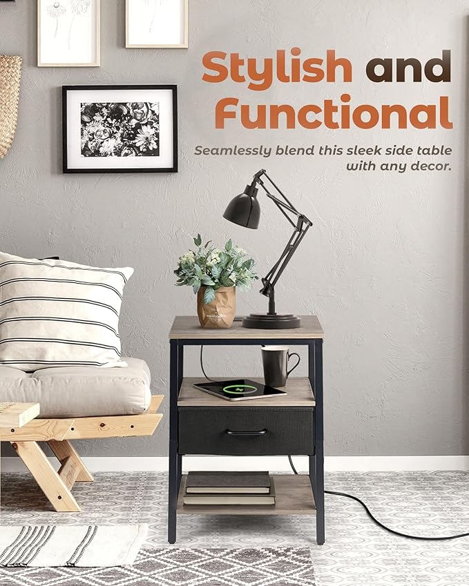Nightstand with Charging Station, Bed Side Table with Fabric Drawer, 3-Tier Storage Dorm Night Stand for Bedroom, 2 USB & 2 Outlets End Table, Greige and Black