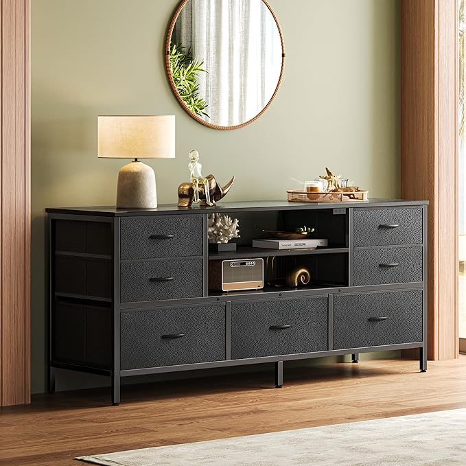 Huuger TV Stand Dresser with Power Outlets and LED Lights, 7 Drawer Console for 55 Inch TV, Black PU Leather Bedroom Dresser
