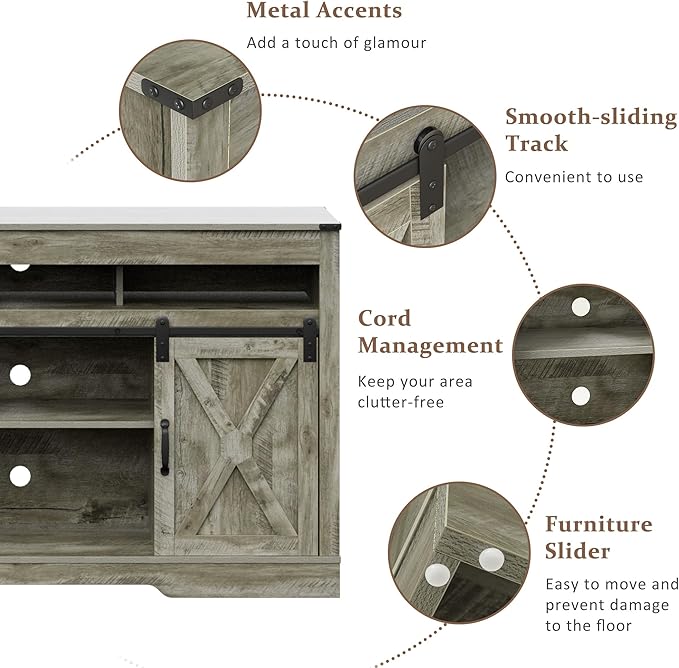 RoyalCraft Farmhouse TV Stand with Sliding Barn Door for TVs up to 65+ Inch, 34" Tall Entertainment Center, Wood Media Console Storage Cabinet for Bedroom, Living Room, Light Grey