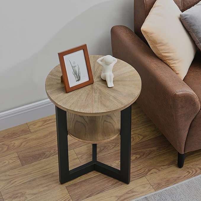 MODERION Round End Table with Storage - Solid Wood & Metal Frame - Corner & Beside Table - Easy Assembly - Living Room, Office & Entryway - Rustic Natural Finish