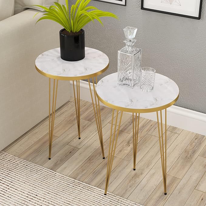 PAK HOME - Set of 2 End Table - High Gloss White Marble Look with Gold Metal Legs Round Wood Sofa Side Coffee Tables for Small Spaces, Nightstand Bedside Table for Bedroom, Living Room