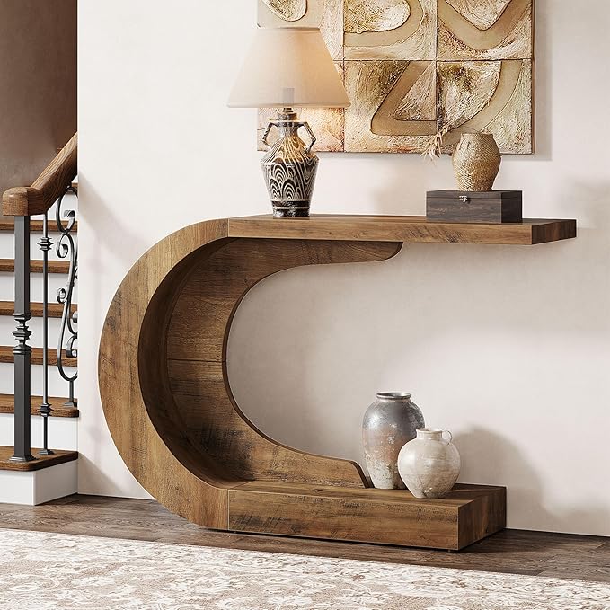 Tribesigns 43.3" Mid-Century Modern Console Table for Entryway, Wood C-Shaped Hallway Entry Accent Table for Living Room, Entrance, Foyer, Easy Assembly, Brown