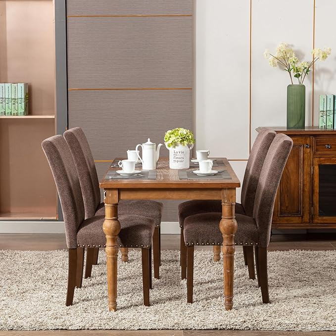 COLAMY Upholstered Parsons Dining Chairs Set of 4, Fabric Dining Room Kitchen Side Chair with Nailhead Trim and Wood Legs - Brown