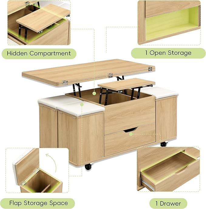 Merax Multi-Functional Lift-Top Coffee Table with Hidden Storage and Stools,Multi-Function Modern Center Table with 4 Stools and Casters,Perfect for Modern Living Spaces, Natural & White