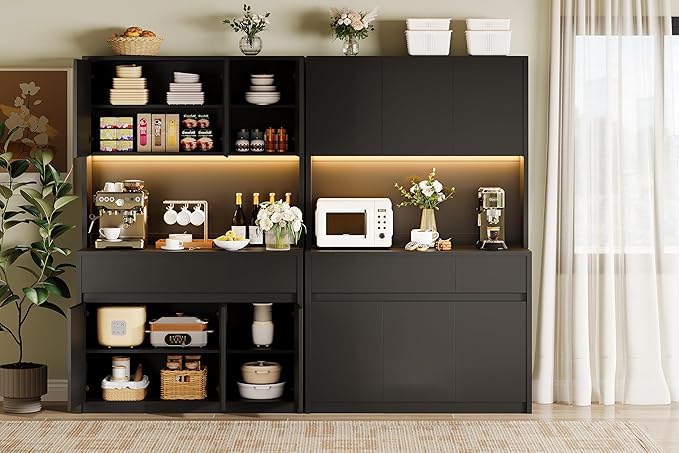 Garvee Kitchen Pantry Storage Cabinet, Tall Storage Cabinet with Doors and Shelves, Kitchen Storage Hutch with Microwave Stand, Led Lights and Charging Station,Corner Pantry Cabinet,Black