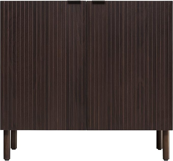 Sango Merk 2-Door Cabinet, Modern Walnut Storage Cabinet with Vertical Groove Doors, Adjustable Shelf, Cylindrical Wood Legs, Discreet Metal Finger Pulls, Stylish Furniture for Living or Dining Room