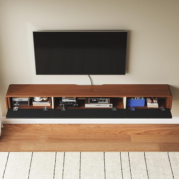 Minimalist 55'' Floating TV Stand with 3 Doors,Solid Wood Wall Mounted TV Console,Floating Entertainment Center with Hidden Storage,Curved Round Edges,Natural Wood Finish(Walnut)