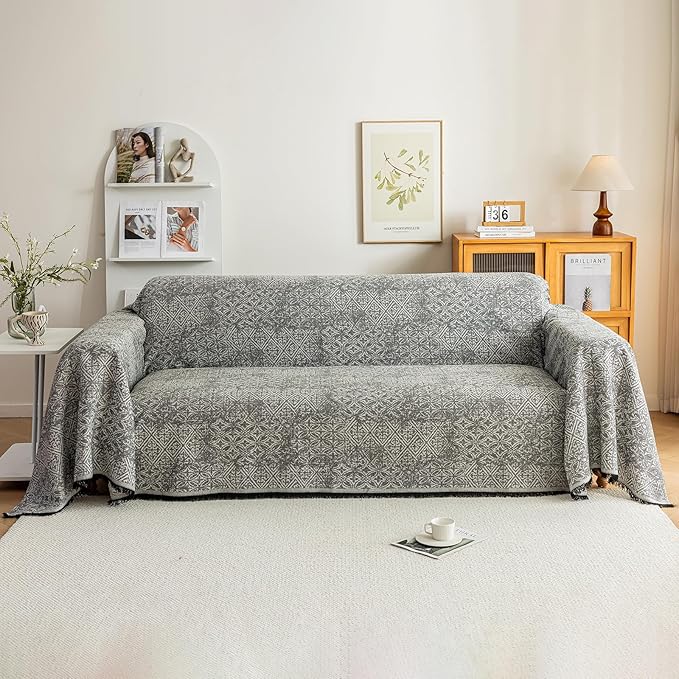 STACYPIK Geometric Pattern Sofa Cover Blanket, Black Couch Throw for Living Room, Couch Covers for Dogs, Washable Furniture Protector for 3 Cushion Sofa with Tassel, Anti-Slip Throw Cover-71X134IN