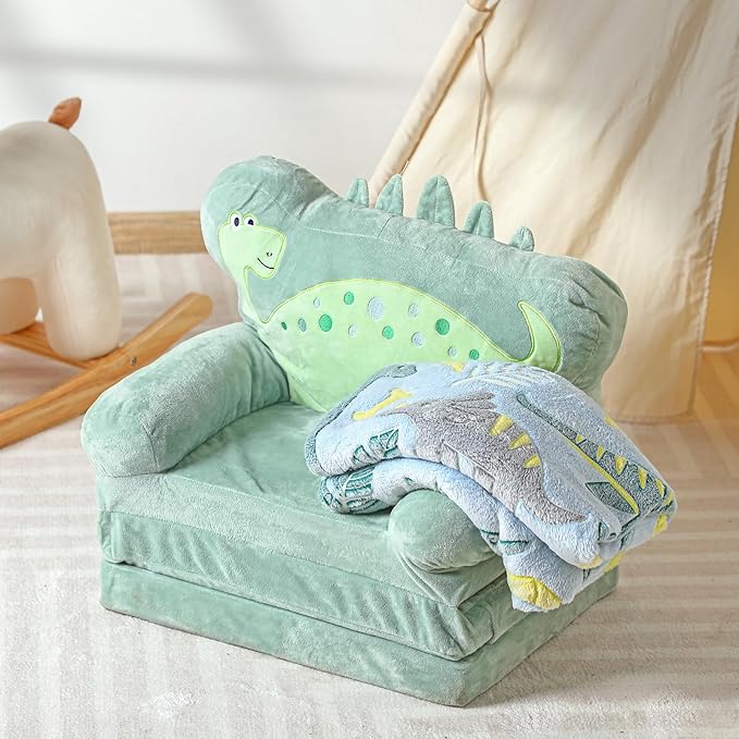 Dinosaur Kids Couch Fold Out 2-in-1 Toddler Sofa Fold Out with Blanket, Soft Toddler Chair Comfy for Boys Girls Baby, Convertible Sofa to Lounger for Napping Reading Playing Christmas, Green