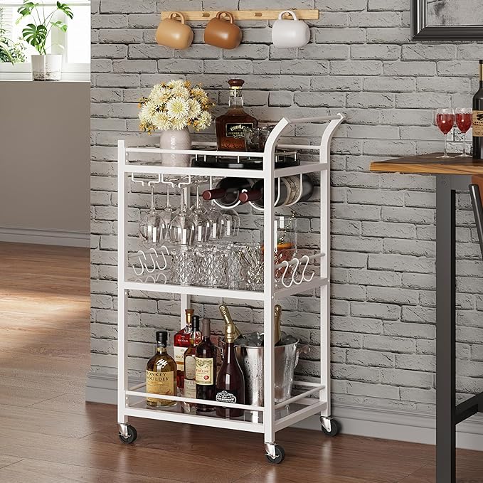 TUTOTAK Bar Cart, Home Bar Serving Cart with 3-Tier Mirrored Shelf, Mobile Kitchen Shelf, Rolling Beverage Cart, White BC01BW034