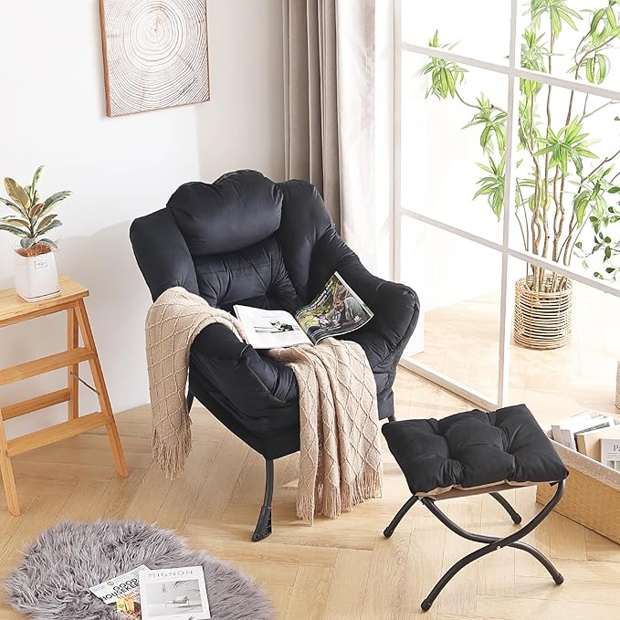 LITA Lazy Chair with Ottoman, Modern Accent Leisure Upholstered Sofa, Contemporary Lounge Reading Chair with Armrests and a Side Pocket for Living Room, Bedroom & Small Space, Black