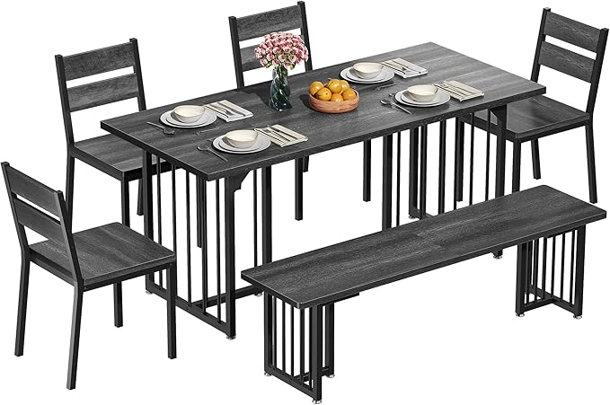 DWVO 63 Inch Dining Table Set for 6-8 People 6-Piece Large Kitchen Table Set with 2 Benches and 4 Chairs Farmhouse Rectangular Dining Room Table for Kitchen Dining Room Apartment Dark Grey