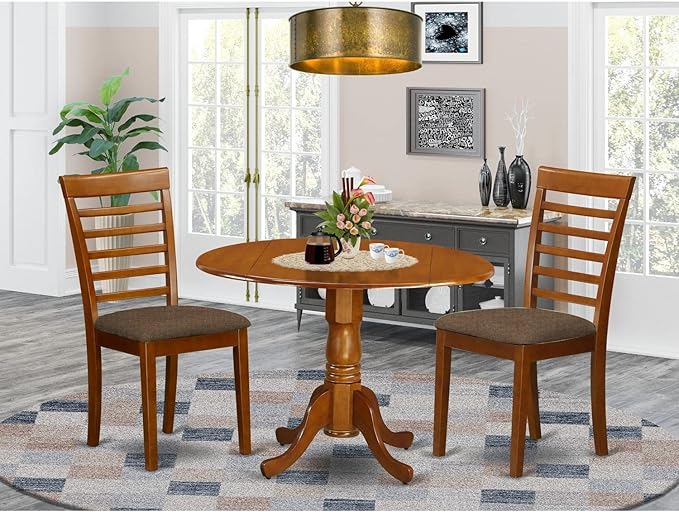 East West Furniture DLML3-SBR-C 3 Piece Dining Set Contains a Round Dining Room Table with Dropleaf and 2 Linen Fabric Upholstered Kitchen Chairs, 42x42 Inch, Saddle Brown