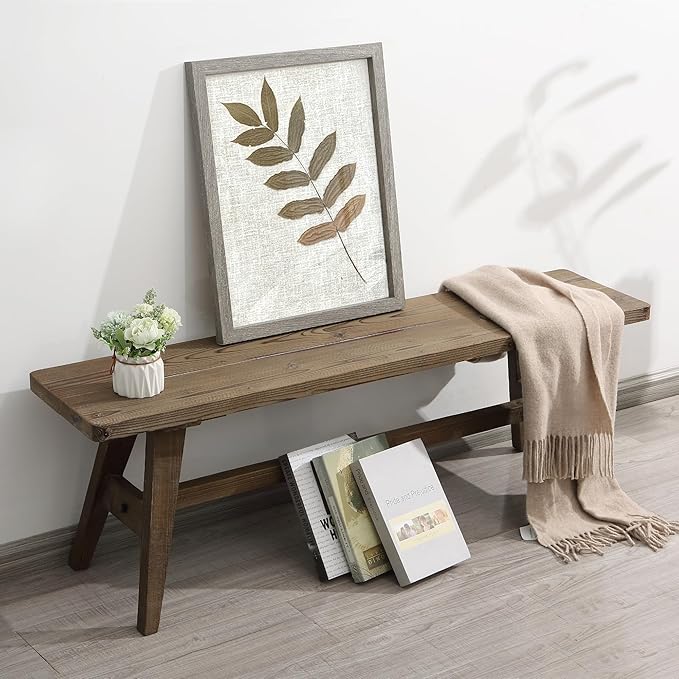 Wnutrees 47" Farmhouse Wood Bench, Dining Room Bench, Entryway Bench for Living Dining Room, Solid Wood, Easy to Assemble, Brown