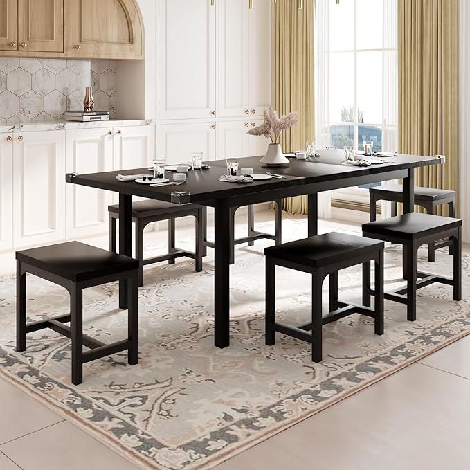 Feonase 7-Piece Dining Table Set for 4-8, 63" Large Extendable Kitchen Table Set with 6 Stools, Modern Dining Room Table with Heavy-Duty Frame, Easy Assembly, Black