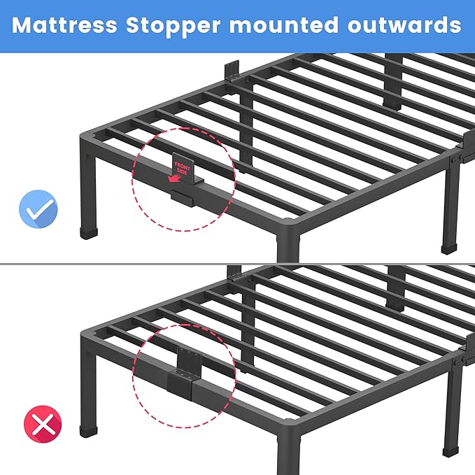 MAF 16 Inch Full Size Bed Frame with Round Corner Legs Mattress Slide Stopper No Box Spring Needed Heavy Duty Metal Platform Bed Frames Under-Bed Storage Space, 3000 LBS Steel Slats Support