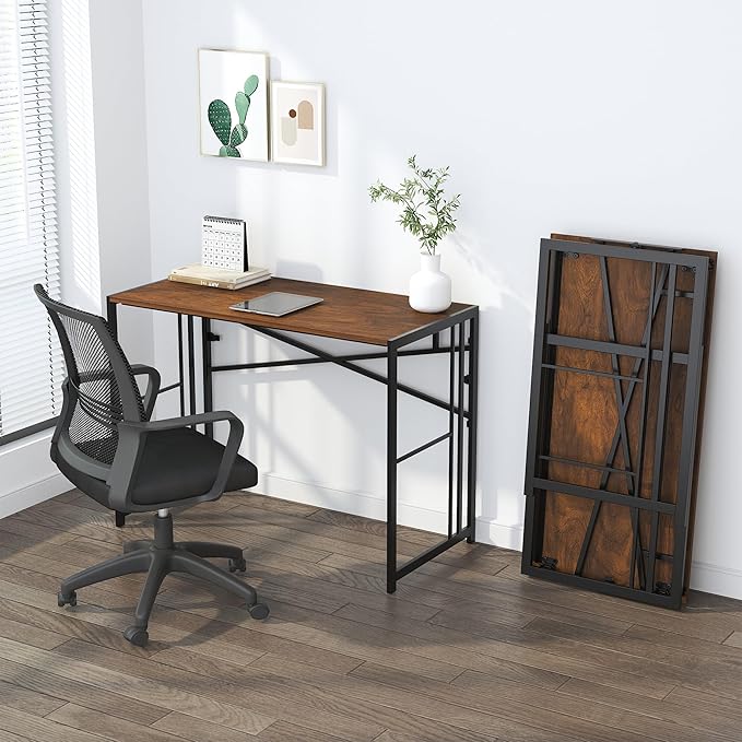 Folding Computer Desk 40 inch Writing Gaming Computer Camping Desk, No Assembly Required Home Office Table, Mahogany