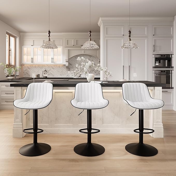 YOUNIKE White Bar Stools Set of 2 Kitchen Counter Height Barstools Upholstered Swivel Modern Faux Leather Bar Chairs with Backs Adjustable High Breakfast Island Stool with Metal Leg