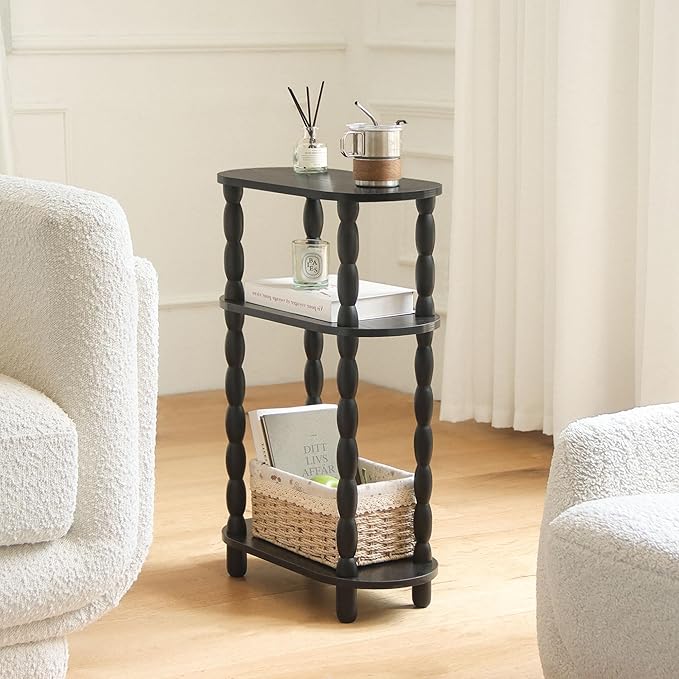 MaxSmeo Small Narrow Side Table, 3-Tier Narrow End Table with Storage, Skinny Side Table Nightstand for Small Space, Bedrooms, Living Room (Black)