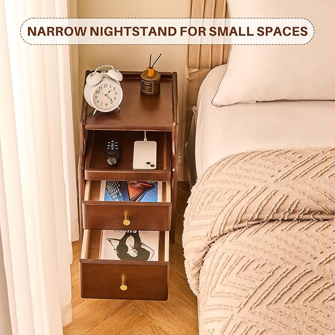 Uniclinens Narrow Nightstand with Drawers, Small Slim Solid Wood Bedside Table for Bedroom, Modern End/Side for Living Room, Walnut