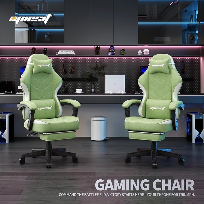 Gaming Chair,Fabric Computer Chair with Pocket Spring Cushion,400 lb Load Capacity,Ergonomic Office Chair with Footrest,Height Adjustable Video Gamer Chair with Lumbar Support (Green)