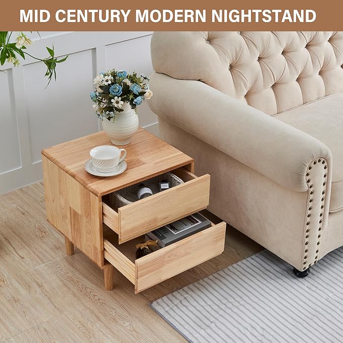 CozyDH Natural Wood Nightstand with Drawers, Solid Wood Nightstand End Table, 19" Bedside Table for Bedroom, Sofa Side Table with Wooden Legs Living Room