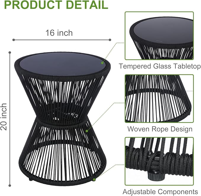 LEWIS&WAYNE Small Outdoor Side Table Patio 20’’ H Woven Rope Hourglass End Table with Glass Top Round Coffee Table for Living Room Outdoor Patio Backyard Poolside(Black)