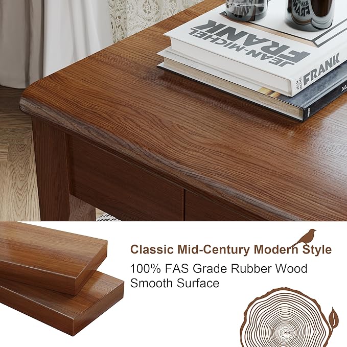 Solid Wood Desk with Drawers - 39 x 16 Inch Vintage Narrow Desks, Mid Century Modern Desks, Rubber Wood Study Table, Small Writing Desk for Bedroom|Small Spaces - Walnut Color